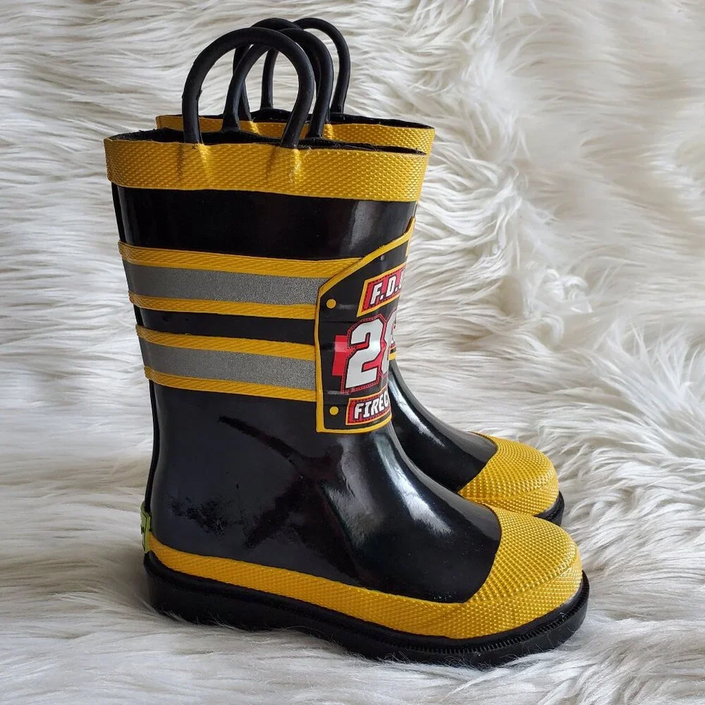 Western Chief Kids Black/Yellow Firefighter Waterproof Rain Boots SZ 8